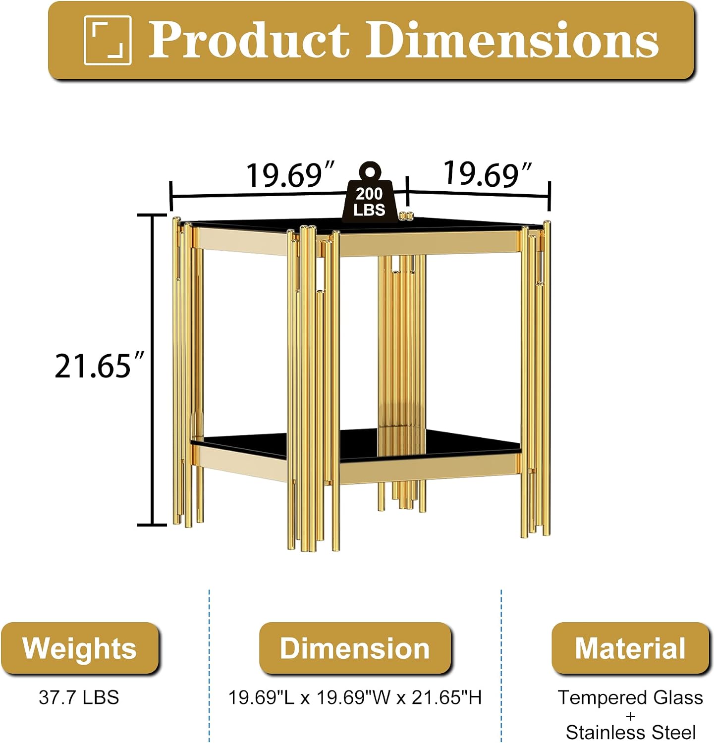 AF ARTISAN FURNITURE 2-Tier Glass End Table Modern Square Living Room Table Sofa Side Table, Stainless Steel Metal Leg Tempered Glass Small Corner Table, Black&Gold