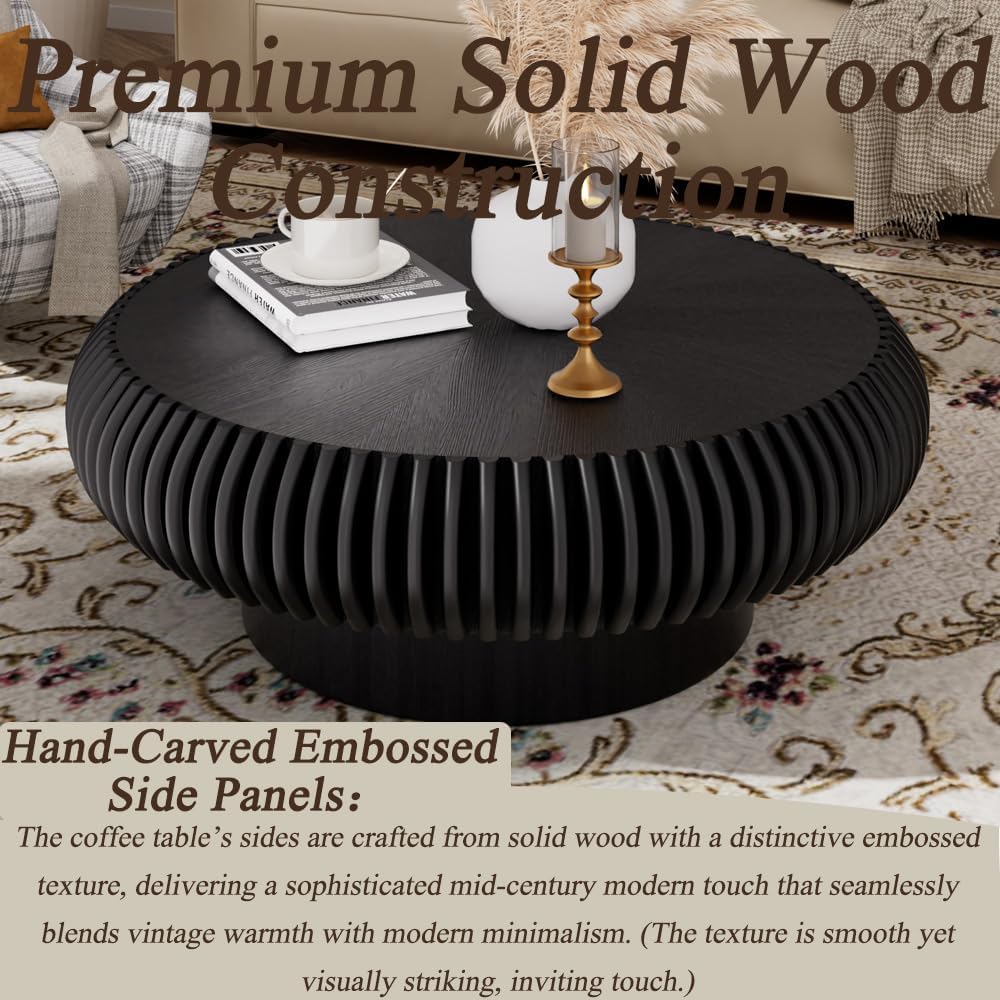 Round Coffee Table for Living Room Modern Solid Wood Fluted Design Coffee Tables with Sturdy Pedestal for Small Space Circle Center Table Accent Tea Table for Apartment, Easy Assemble (Black, 31.4)