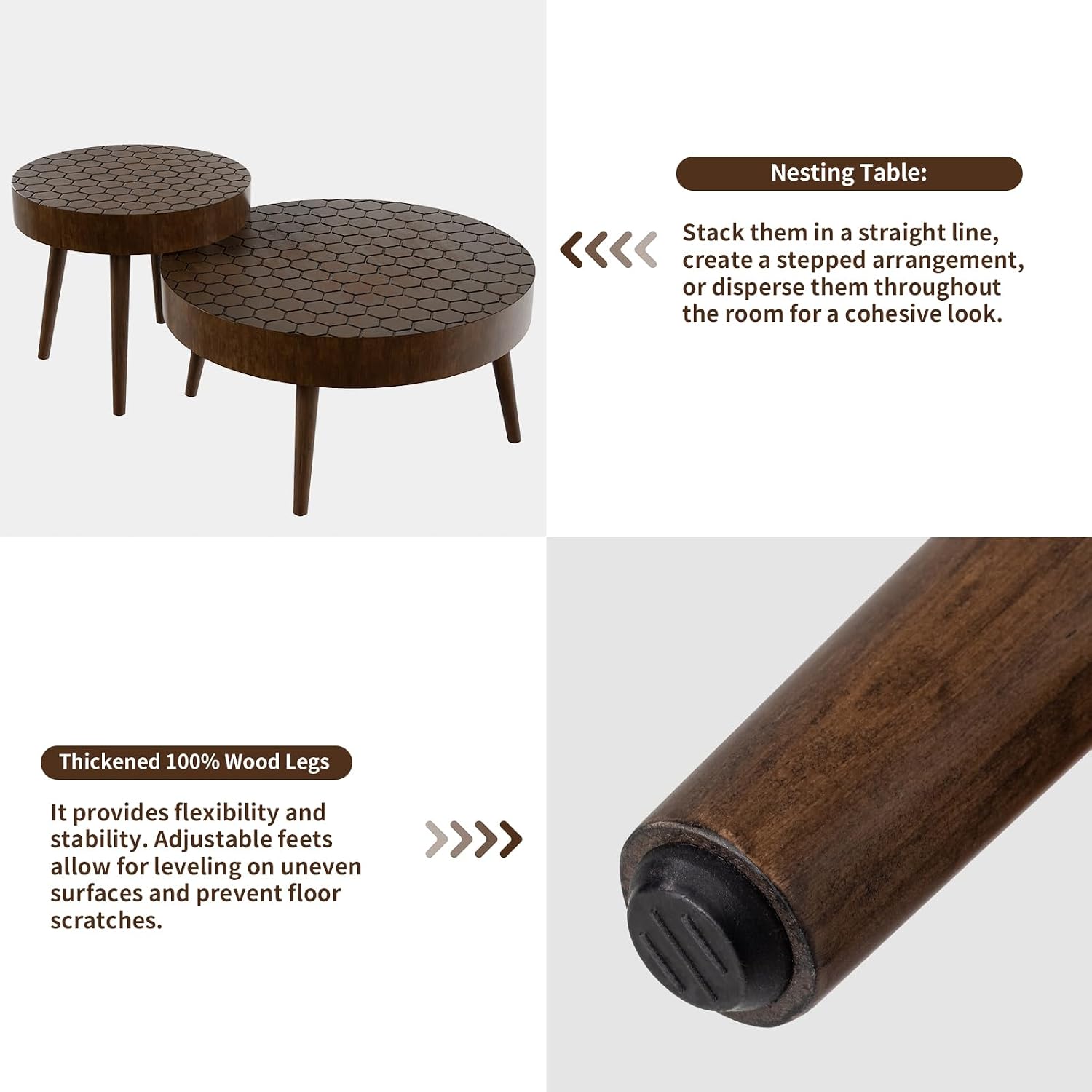 HOMPUS Round Coffee Table, 31.5'' Mid Century Modern Coffee Table Set w Honeycomb Pattern Tabletop, Coffee Table and End Table Set of 2 for Living Room, Easy to Assemble, Brown