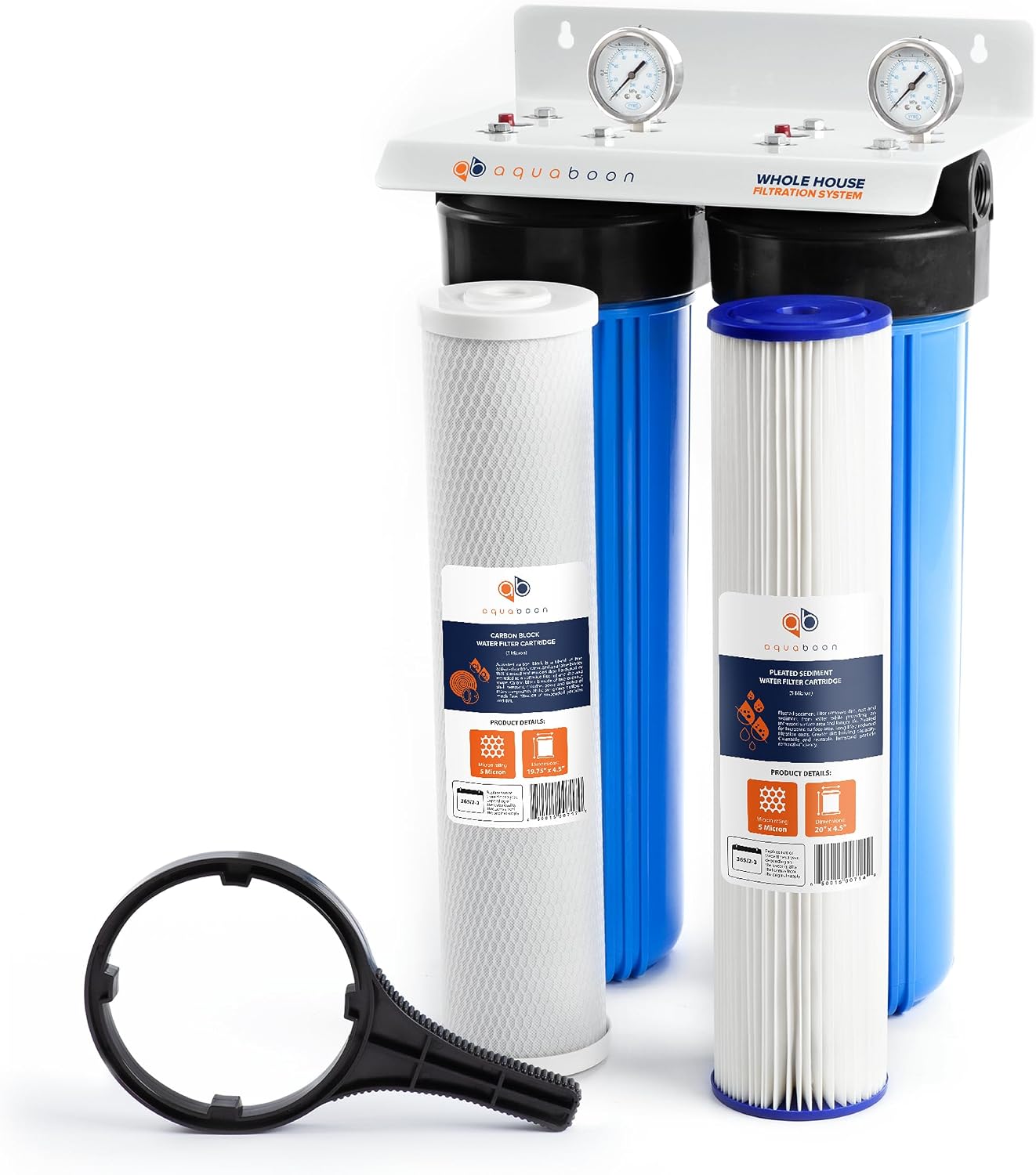 Aquaboon 2-Stage Whole House Water Filter System with 20x4.5 Filters Against Sediment & Chlorine with Pressure Gauge & Release, Wrench, Iron Bracket