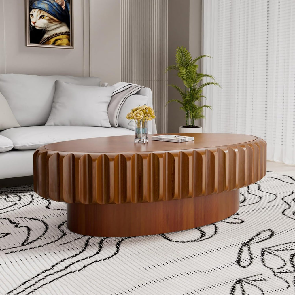 Chic Drum Coffee Table with Storage 43.3' Rustic Oval Center Table - Solid Wood Fluted Veneer Easy Assemble for Living Room Apartment (D 43.3in)