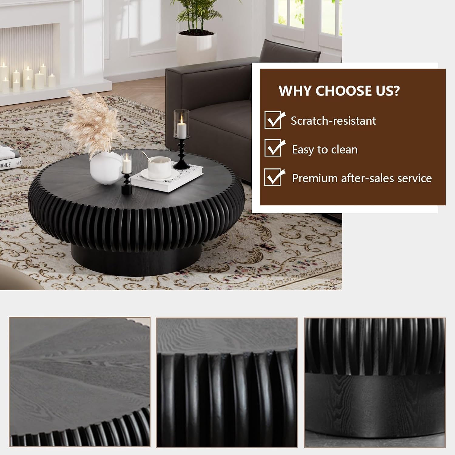 Round Drum Coffee Table Modern Coffee Tables Fluted Coffee Table Circle Center Table Pedestal End Table for Living Room Bedroom (Black 31.5in)