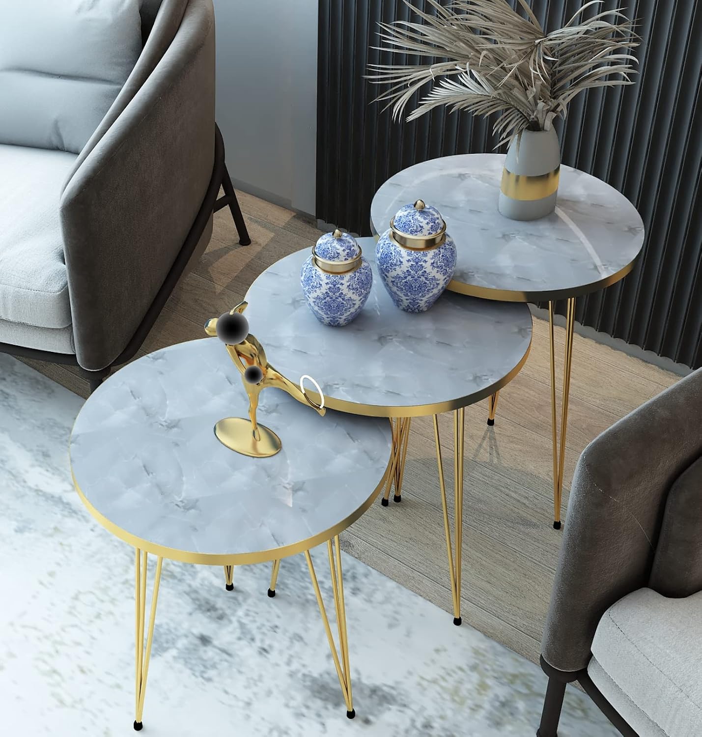 Set of 3 High Gloss White Marble Gold Legs Nesting End Tables Round Wood Stacking Coffee Side Accent Table with Metal Legs for Living Room, Home Office, Nightstands for Bedroom