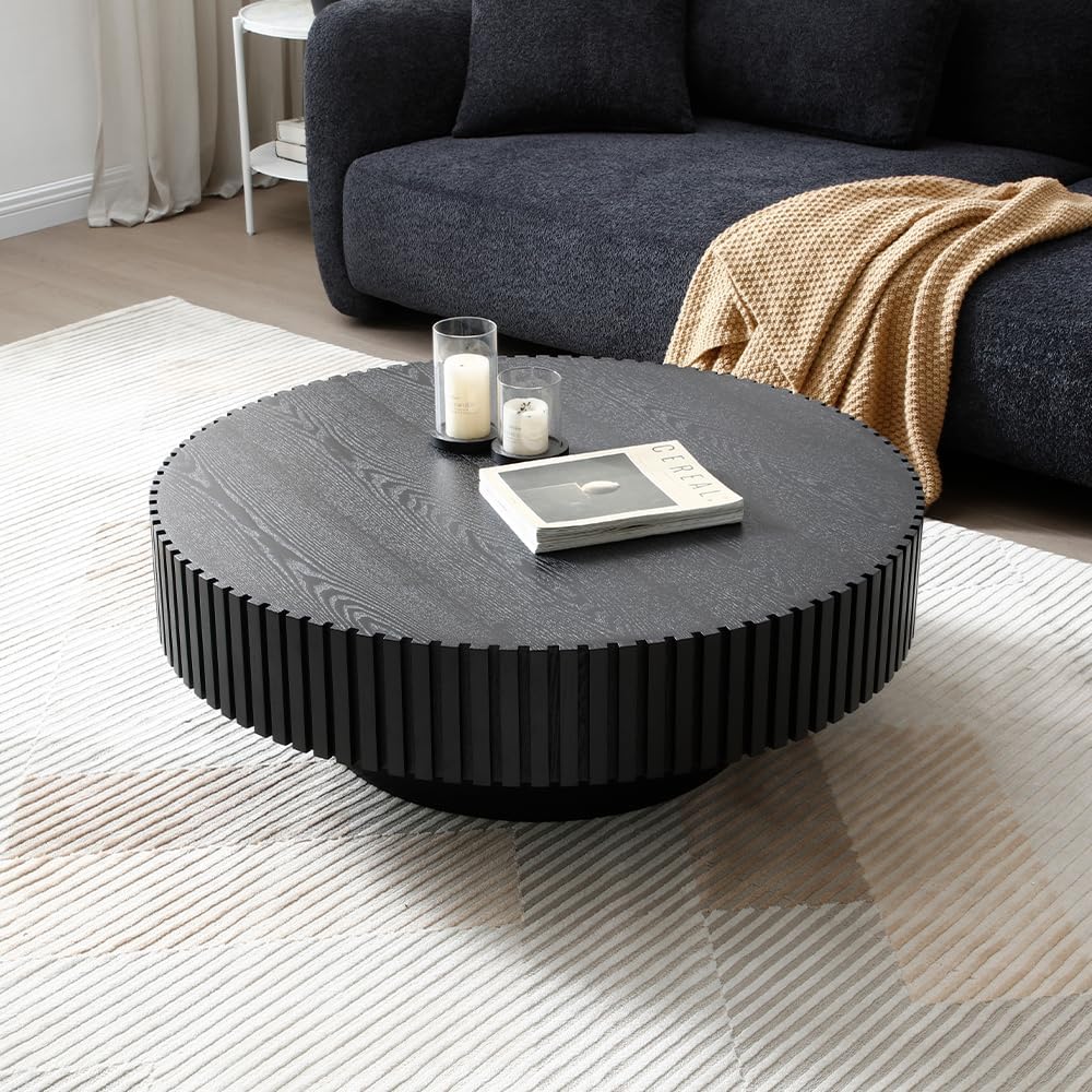 WILLIAMSPACE 39.4' Black Round Coffee Table, Modern Luxury Wood Circle Drum Center Table for Living Room, Accent Side End Table for Apartment, ø39.4'' x 13.4''H (Black)