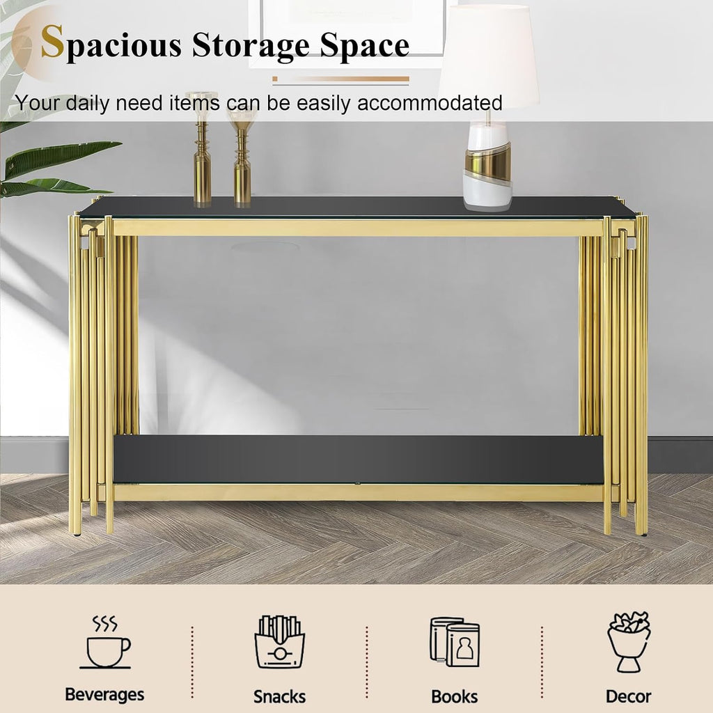 Modern Black Glass Console Table, Luxury 55' Rectangular Sofa Table with Gold Stainless Steel Frame, 2-Tier Console Entryway Table with Storage for Living Room Entrance Hallway