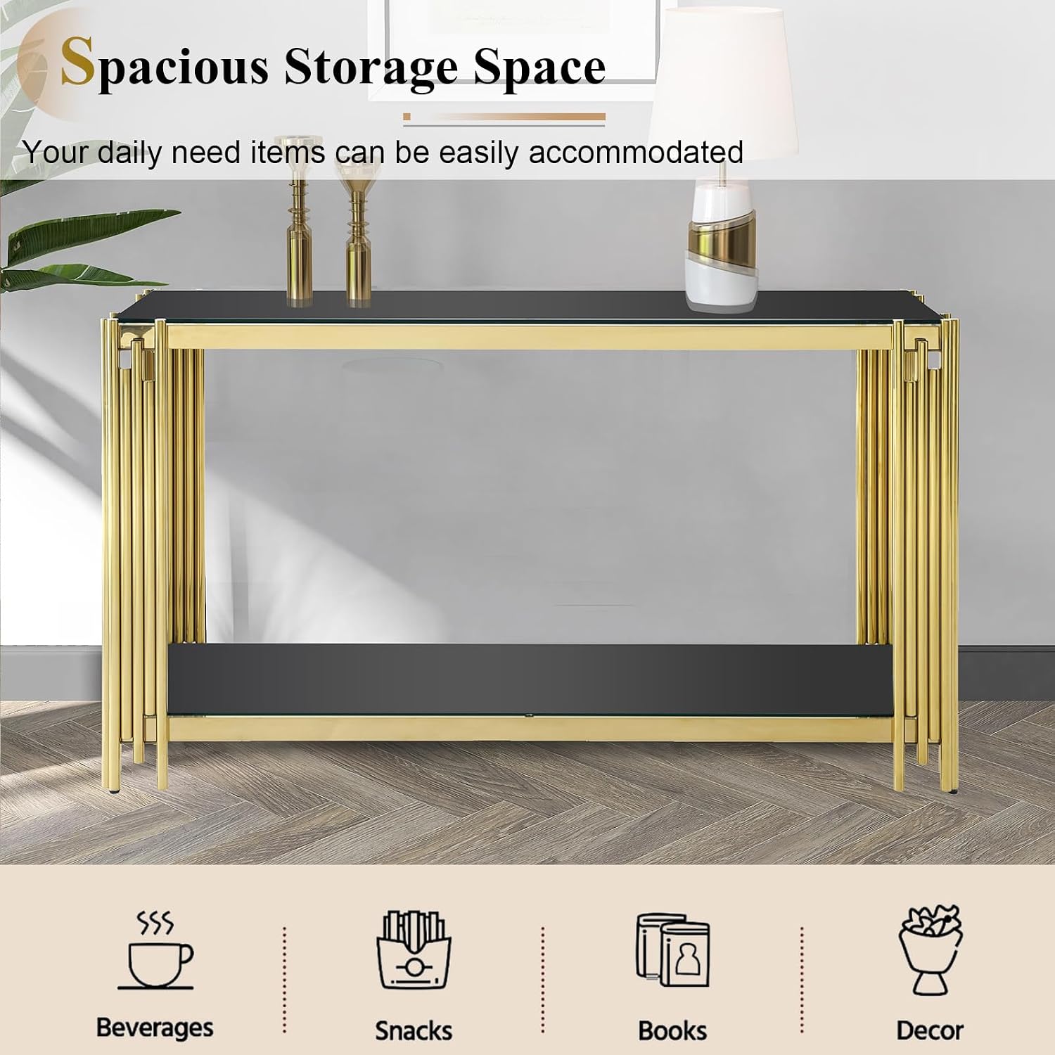 Modern Black Glass Console Table, Luxury 55' Rectangular Sofa Table with Gold Stainless Steel Frame, 2-Tier Console Entryway Table with Storage for Living Room Entrance Hallway