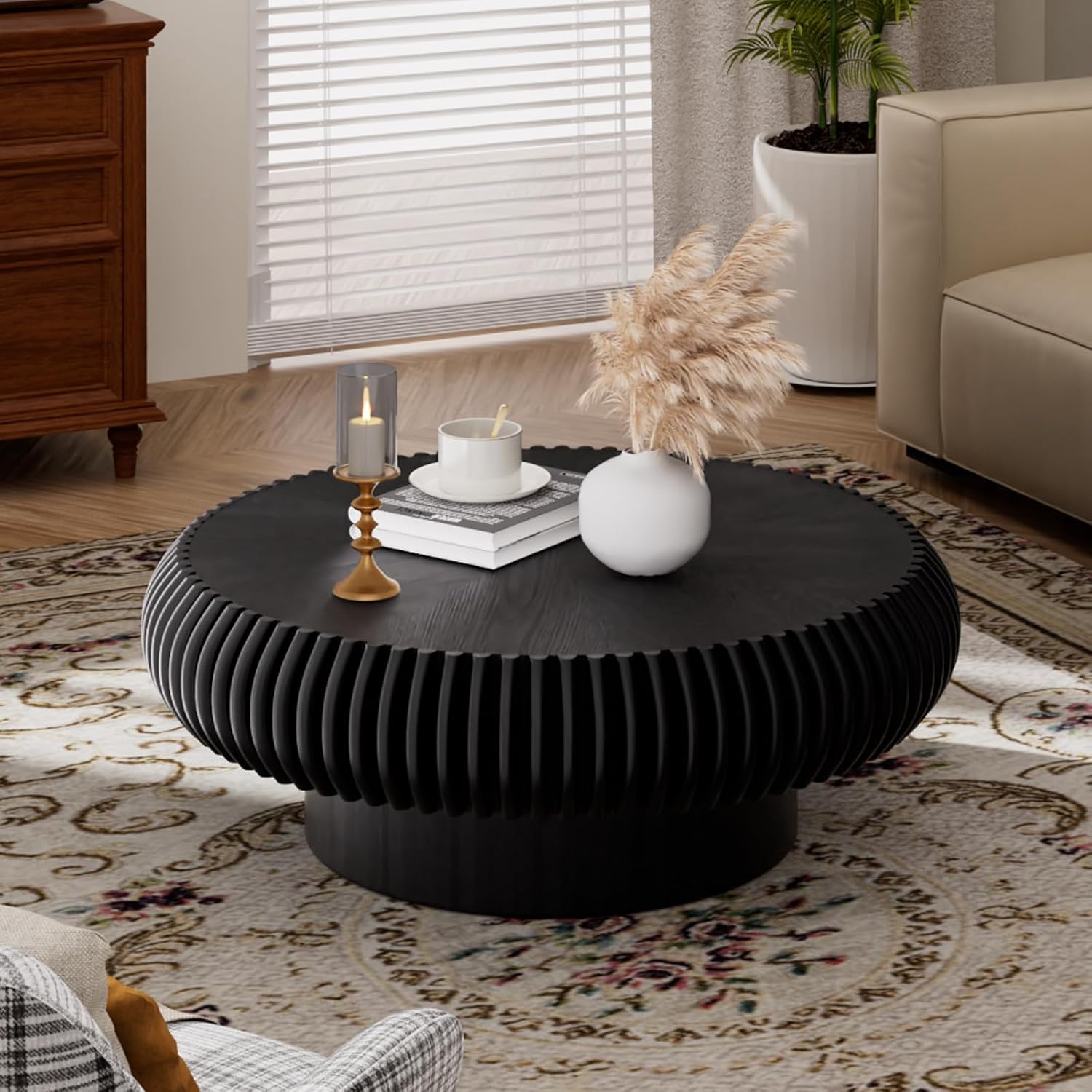 JHKZUDG Round Fluted Coffee Table 31.5'' Wood Drum Coffee Tables Contemporary Circle Accent Center Table Mid Century Side Table for Living Room, Small Space, Apartment (Black, 31.5' Coffee Table)