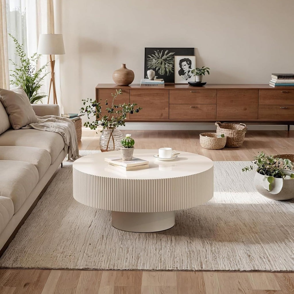 Round Fluted Coffee Table Round Drum Coffee Table for Living Room Modern Circular Pedestal Center Table (Circle Ivory White 30.9in)