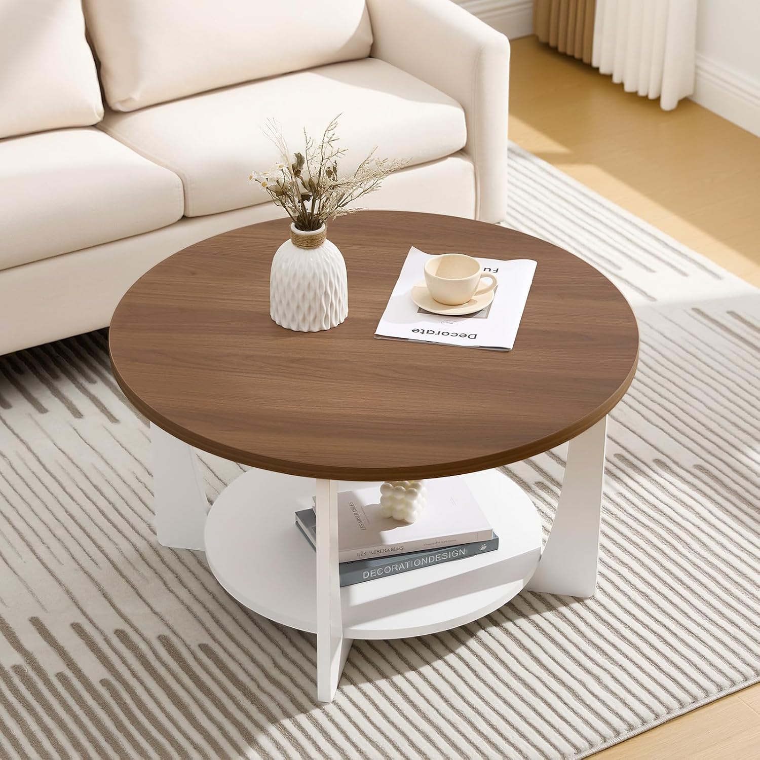 BECHAEO 31.5'' Round Coffee Table with Solid Wood Pine Legs, 2-Tier Rustic Coffee Table with Storage Shelf, Small Modern Wood Circle Center Table for Living Room