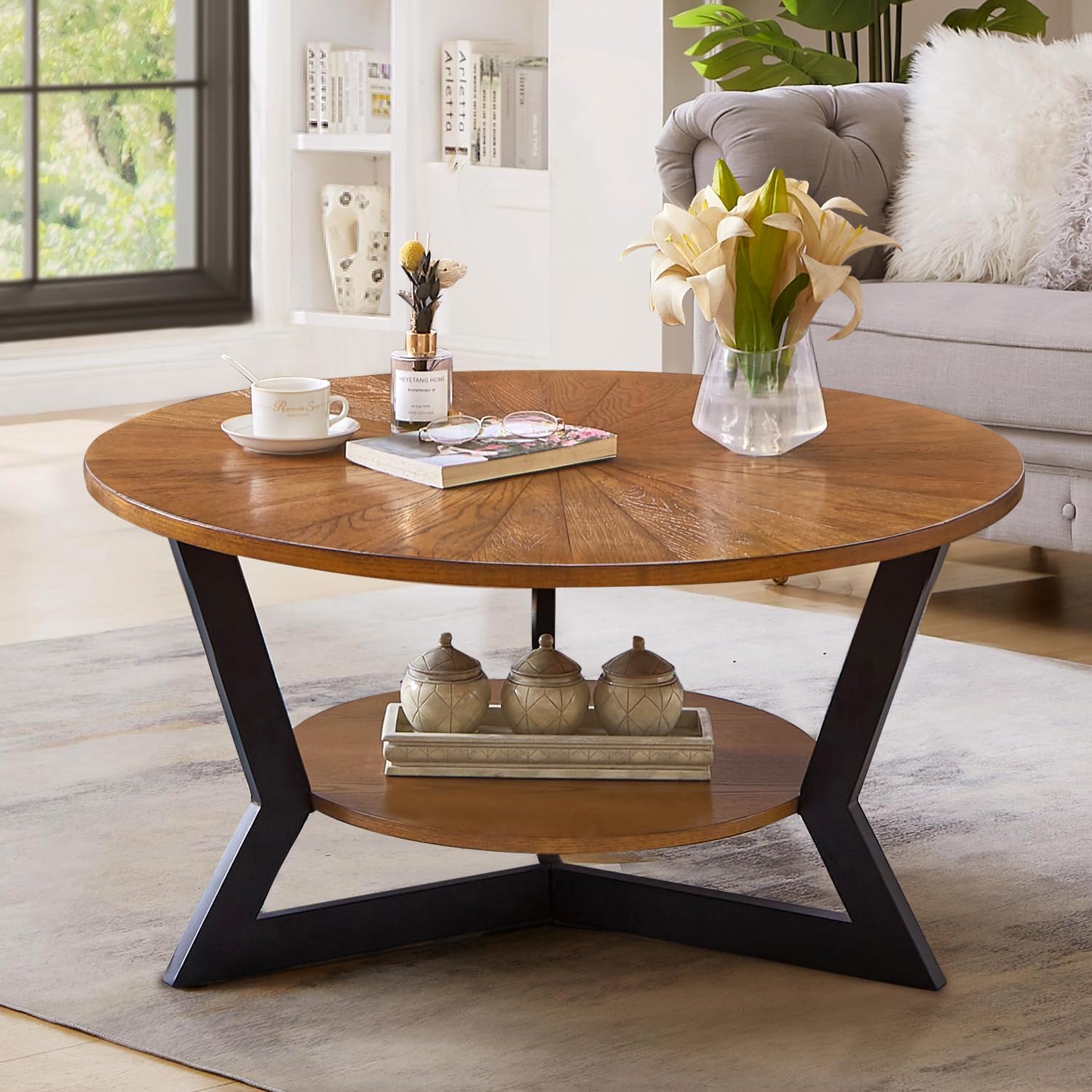 Round Coffee Table, Wood Circle Coffee Table with 2-Tier Storage, Center Table for Living Room Bedroom Office Apartment, Easy Assembly, 35'x 18' Inches, Espresso
