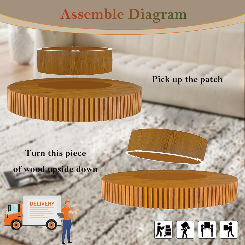 Handcraft Fluted Coffee Table 43.3' Oval Drum Center Tables with Sturdy Pedestal Easy to Assembly for Living Room Apartment Farmhouse (Oval Wood 43.3in)