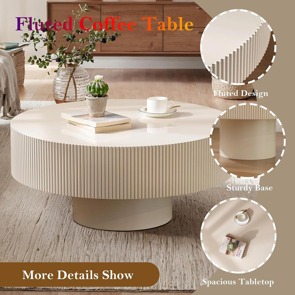 Round Fluted Coffee Table Rustic Circular Pedestal Center Table with Round Thicken Tabletop & Sturdy Base for Living Room Reception Room Study Farmhouse (Lvory White Thicken 30.71in)