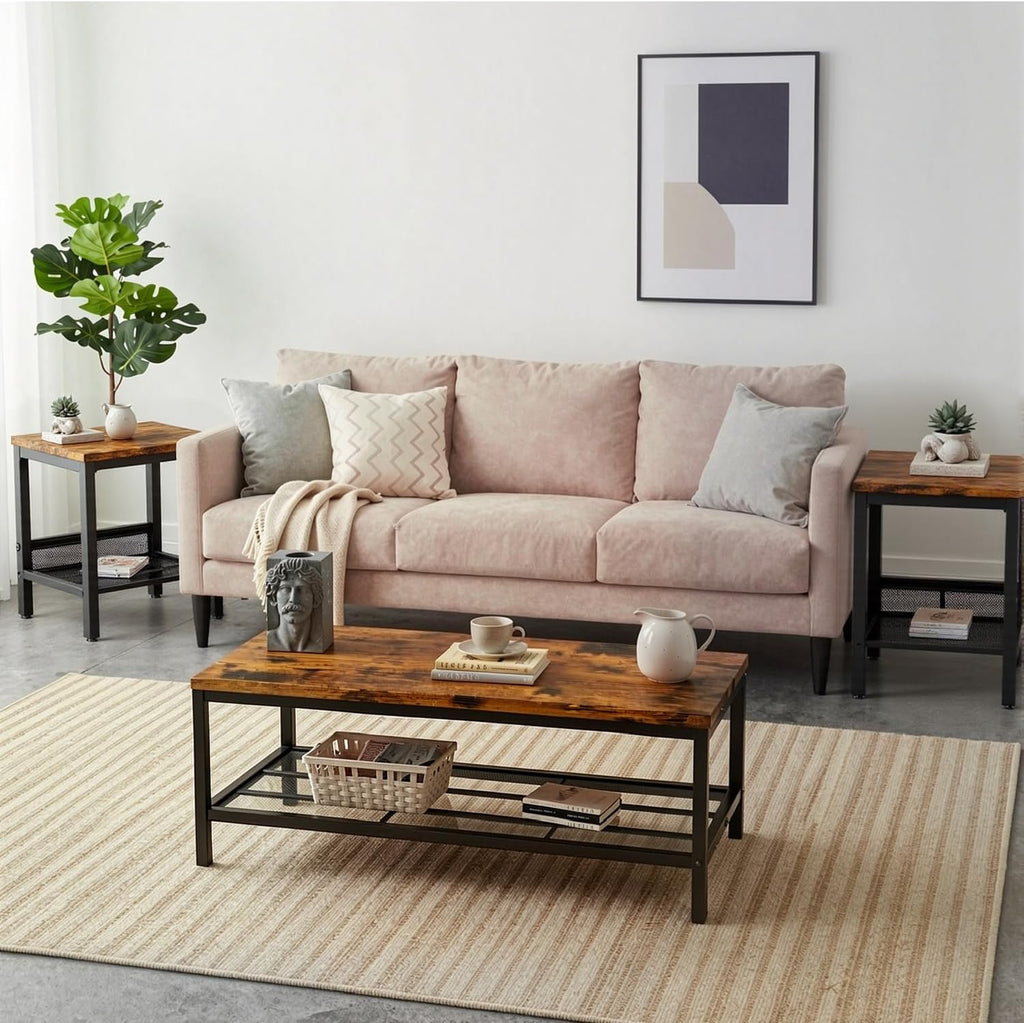 Coffee Table Set of 3,Industrial Coffee Table and 2 End Side Tables,Easy Assembly Coffee and End Tables Sets with Metal Legs, for Office, Living Room and Apartment (Brown)