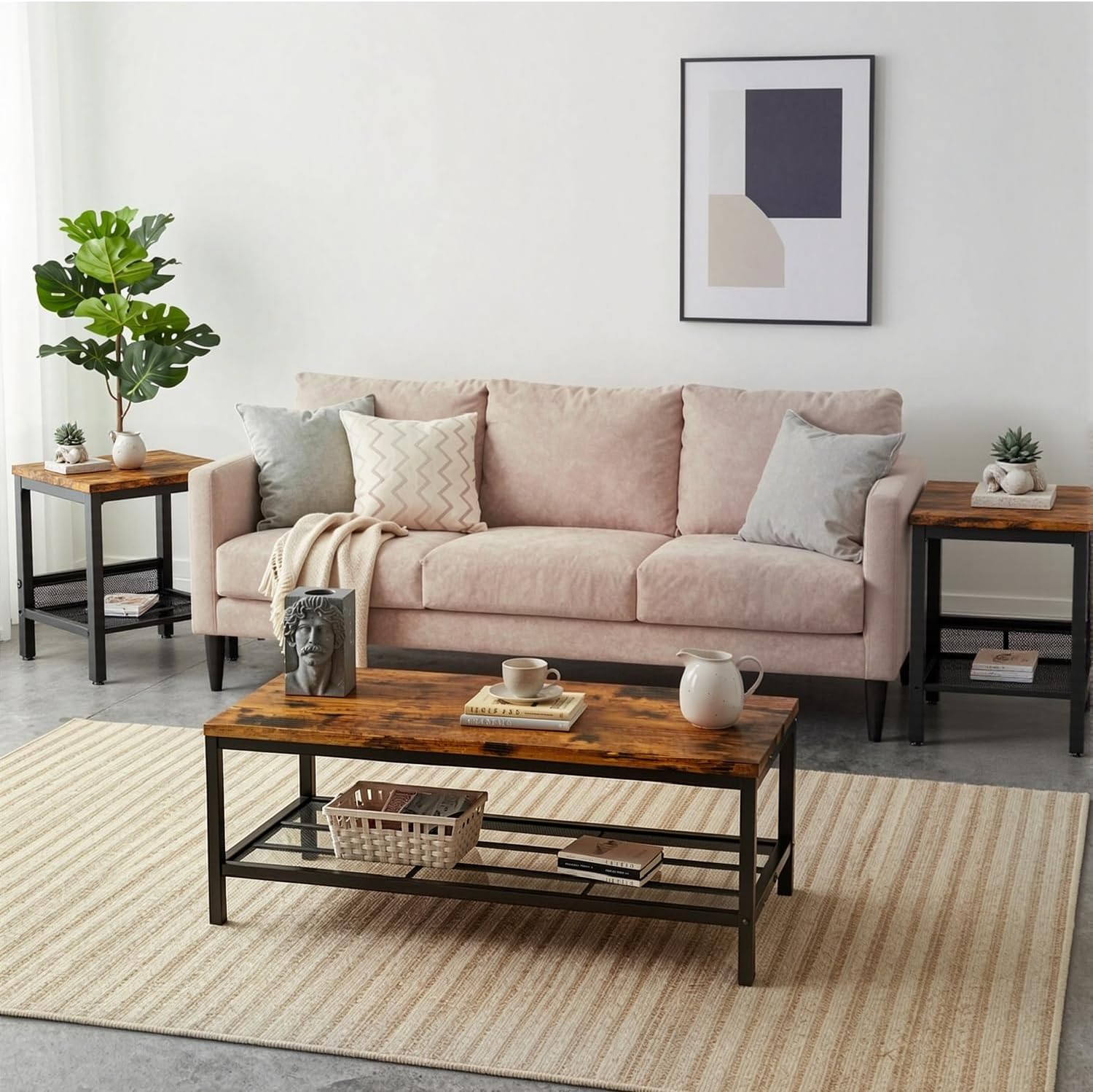 Coffee Table Set of 3,Industrial Coffee Table and 2 End Side Tables,Easy Assembly Coffee and End Tables Sets with Metal Legs, for Office, Living Room and Apartment (Brown)