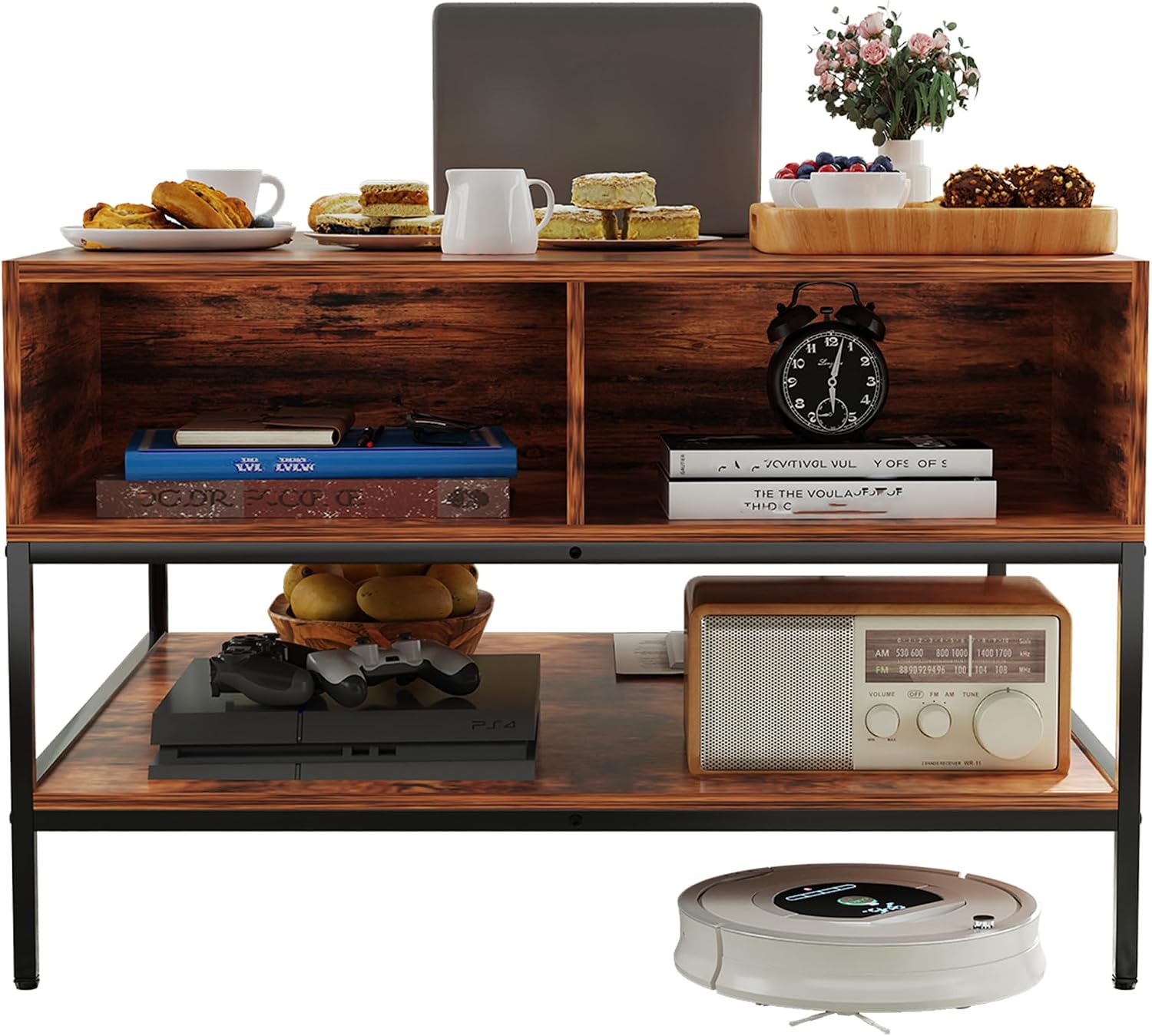 KEIKI 31.5' Flip-Top Coffee Table with Storage, Lift-Top Table, Dark Walnut & Black Metal, Farmhouse Modern Rectangular Living Room Table with Hidden Compartment & Open Shelves, Black