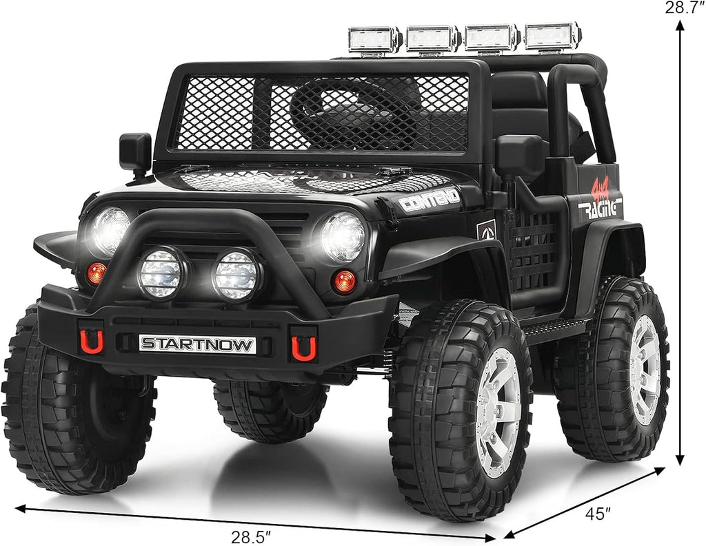 Costzon 2-Seater Ride on Truck, 12V Battery Powered Electric Vehicle w/Remote Control, 2 Speeds, Spring Suspension, LED Light, Horn, Music/ MP3, 2 Doors Open, Ride on Car for Kids (Black)