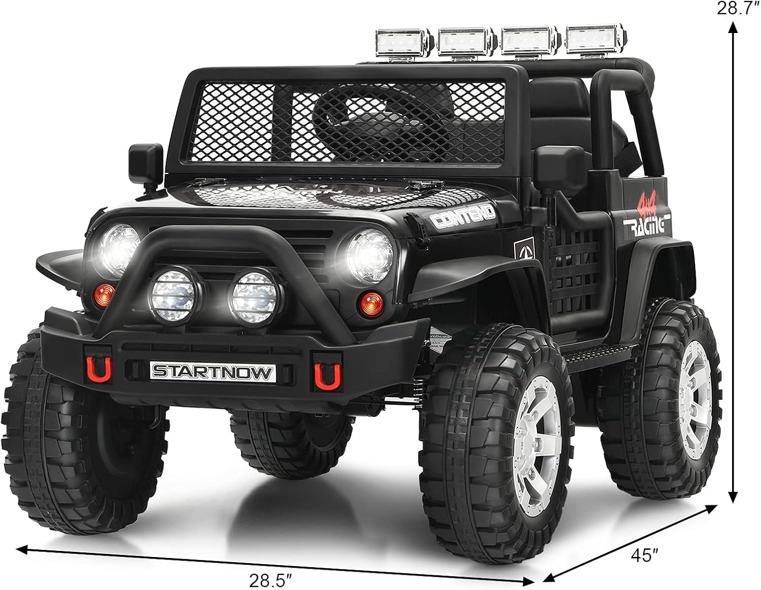 Costzon 2-Seater Ride on Truck, 12V Battery Powered Electric Vehicle w/Remote Control, 2 Speeds, Spring Suspension, LED Light, Horn, Music/ MP3, 2 Doors Open, Ride on Car for Kids (Black)