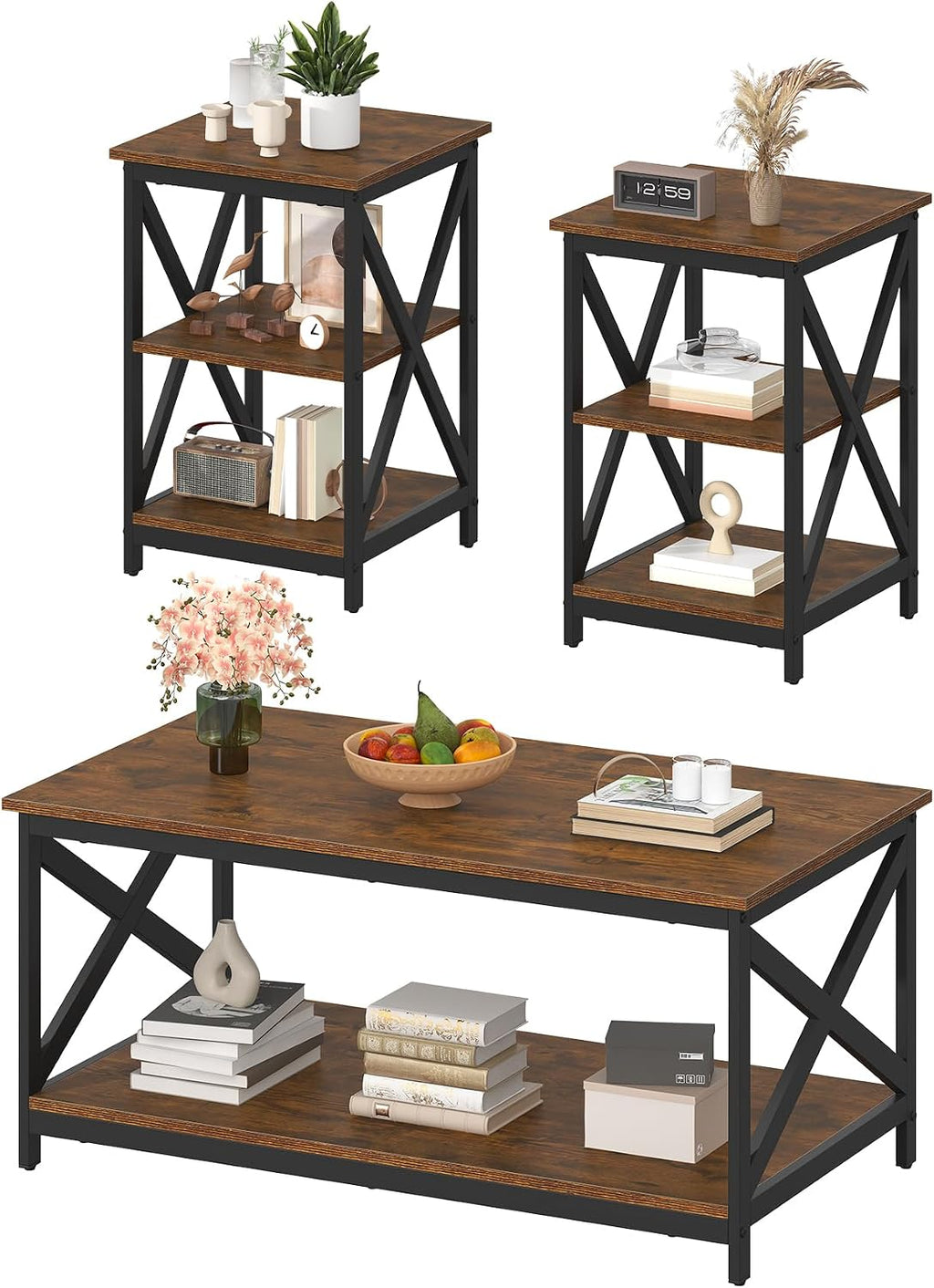 Bigbiglife Living Room Coffee Table Set of 3, Industrial X-Design Coffee Table and 2 End Side Tables, 3 Piece Living Room Table Set with Large Storage for Apartment Home (Dark Rustic Brown)