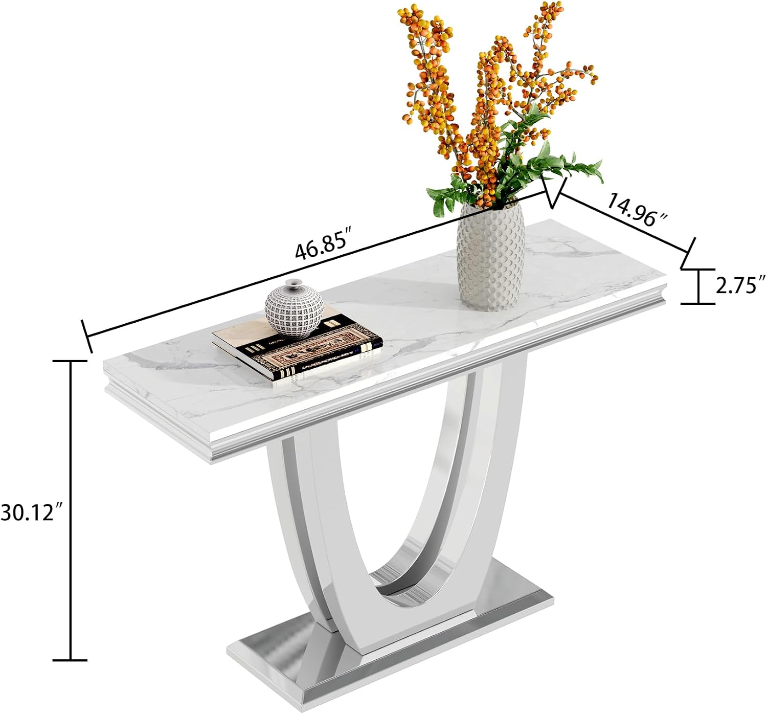 White Silver Console Table, 47' Faux Marble Entryway Table Narrow Long Sofa Table, Modern Accent Table Luxury Rectangle Behind Sofa Entrance Table Foyer Hallway Table for Living Room