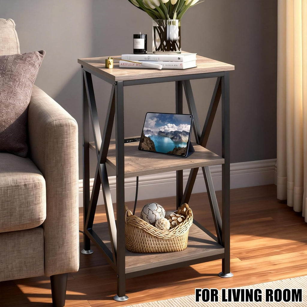 End Tables Living Room Set of 2, Square End Table with Charging Station, 16' D X 16' W X 28' H, Wood and Metal Table with USB Ports and Outlets, Side Table with Wheels for Living Room, Bedroom, Grey