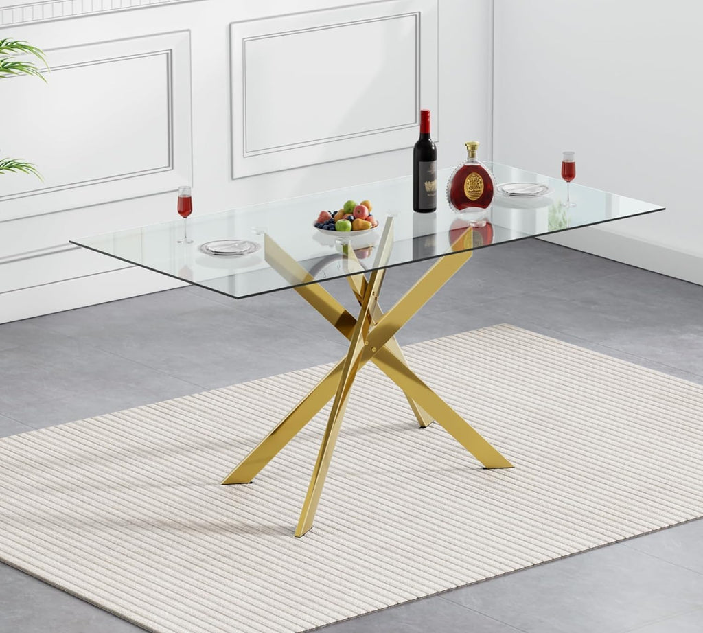 51' Modern Dining Table Set for 4, Rectangular Tempered Glass Dining Table and 4 Grey Velvet Dining Chairs, Luxury 5 Piece Kitchen Dining Room Tables Set with Gold Chrome Metal X-Base