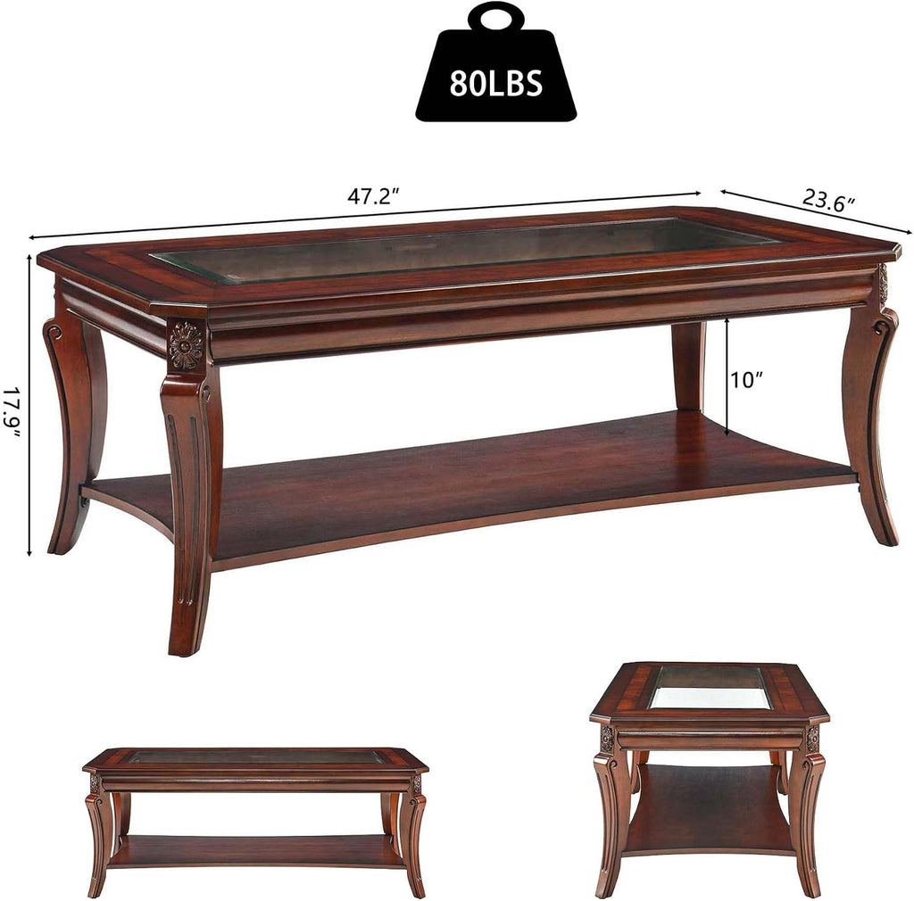 LEEMTORIG Coffee Table Set of 3 for Living Room, 3 Piece Glass Top Coffee Table and End Tables Set, Solid Wood Queen Anne Style 2-Tier Tables with Storage, Cherry Walnut KFZCJZ-A1168-GT