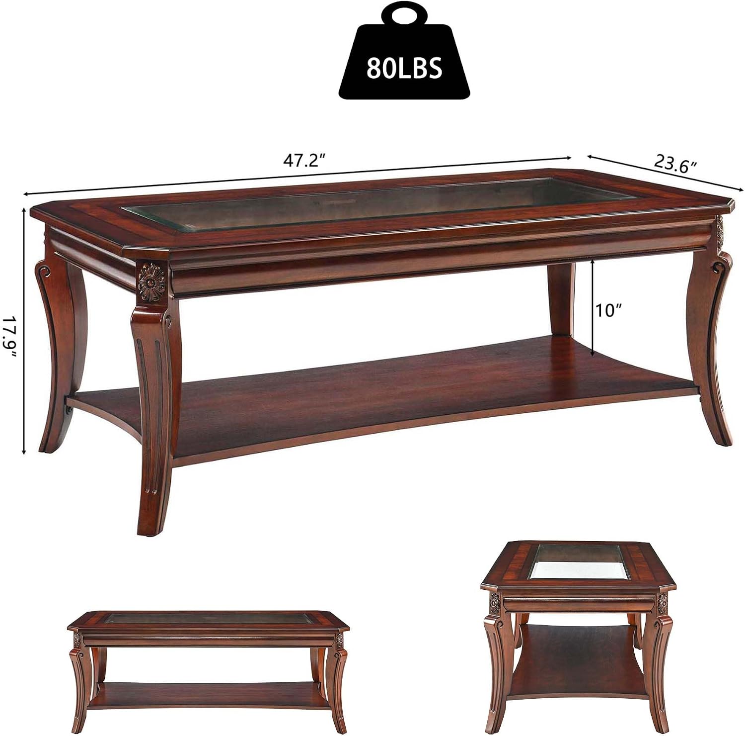 LEEMTORIG Coffee Table Set of 3 for Living Room, 3 Piece Glass Top Coffee Table and End Tables Set, Solid Wood Queen Anne Style 2-Tier Tables with Storage, Cherry Walnut KFZCJZ-A1168-GT