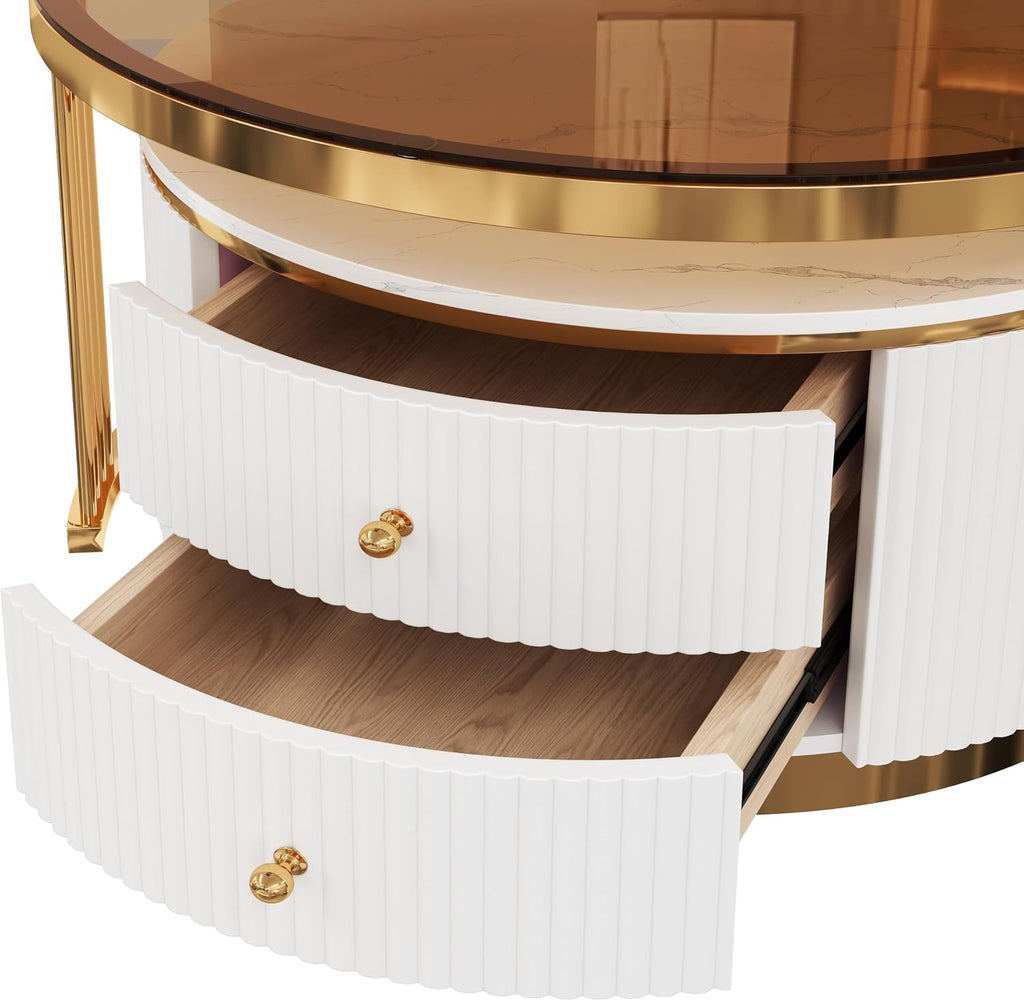 Modern 2 Pieces Round Nesting Coffee Table with Drawers and Brown Tempered Glass Top（27.6'+23.6'