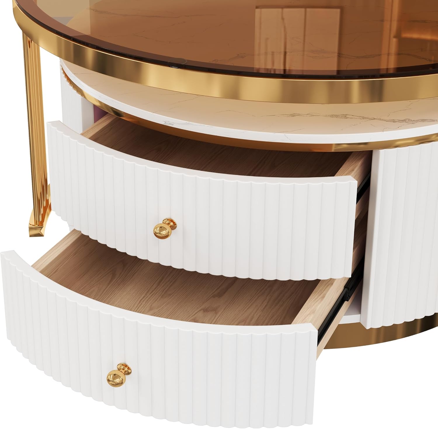Modern 2 Pieces Round Nesting Coffee Table with Drawers and Brown Tempered Glass Top（27.6'+23.6'