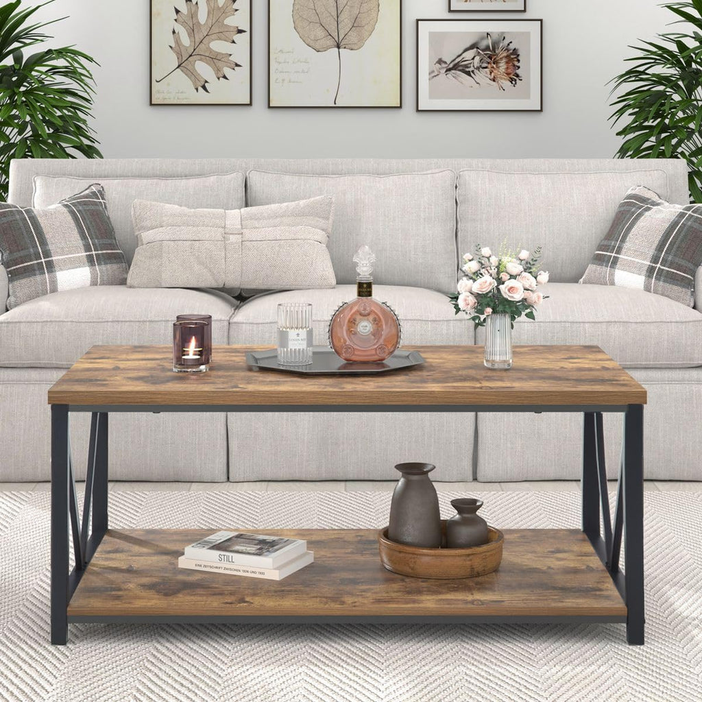EXCEFUR Modern Coffee Table, Industrial Metal and Wood Living Room Table with Storage Shelf, Rustic Brown