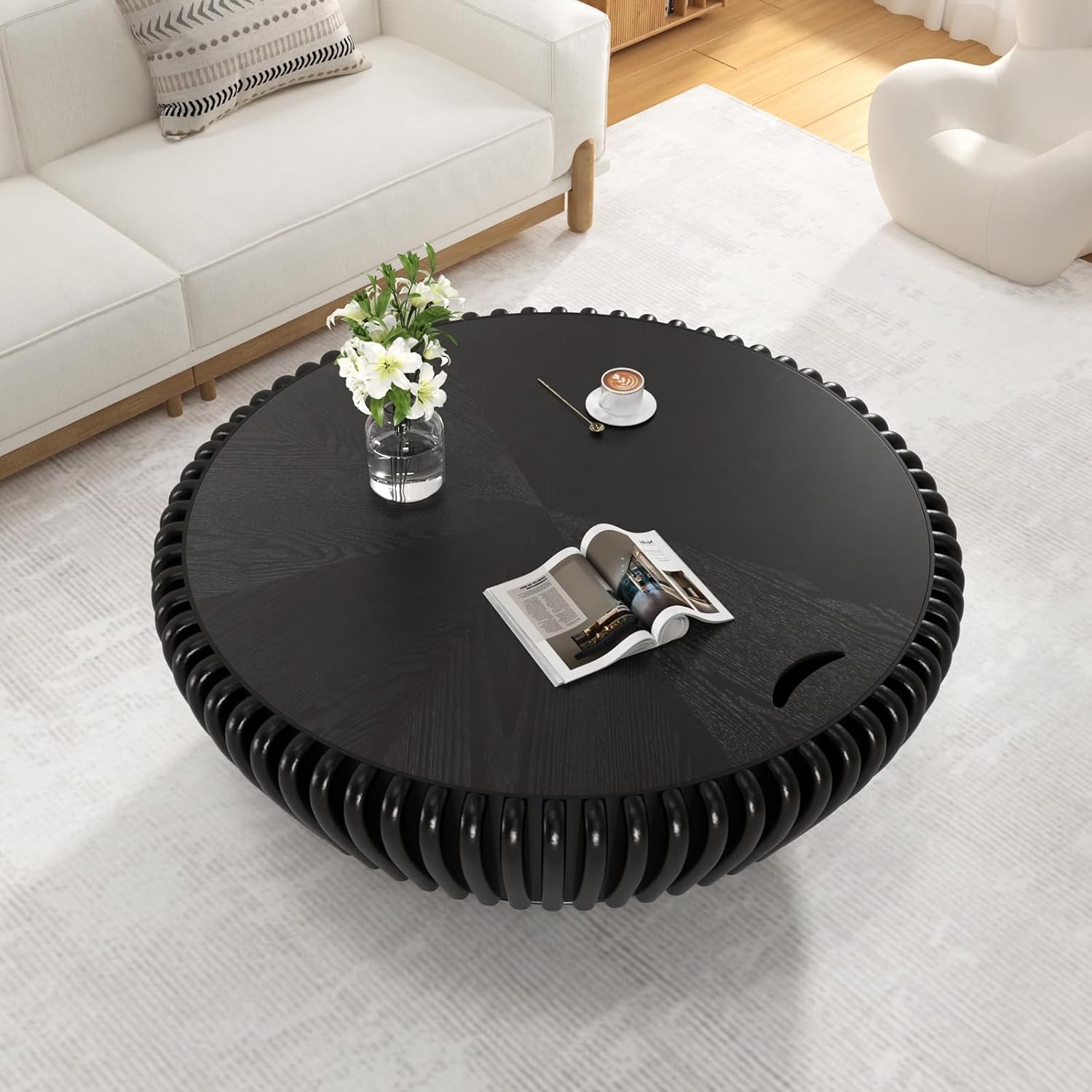 Round Fluted Coffee Table with Storage, 35.4' Wooden Drum Coffee Table, Modern Circle Center Accent Furniture, Tea Table for Living Room Apartment Small Space (Black, 35.4' with Storage)