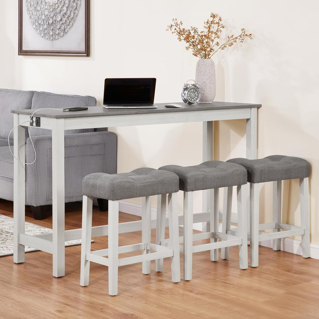 Merax 59 inch Bar Table Set with Power Outlet USB/Type-C, Behind Couch Table with 3 Padded Stools for Kitchen, Living Room, White & Grey