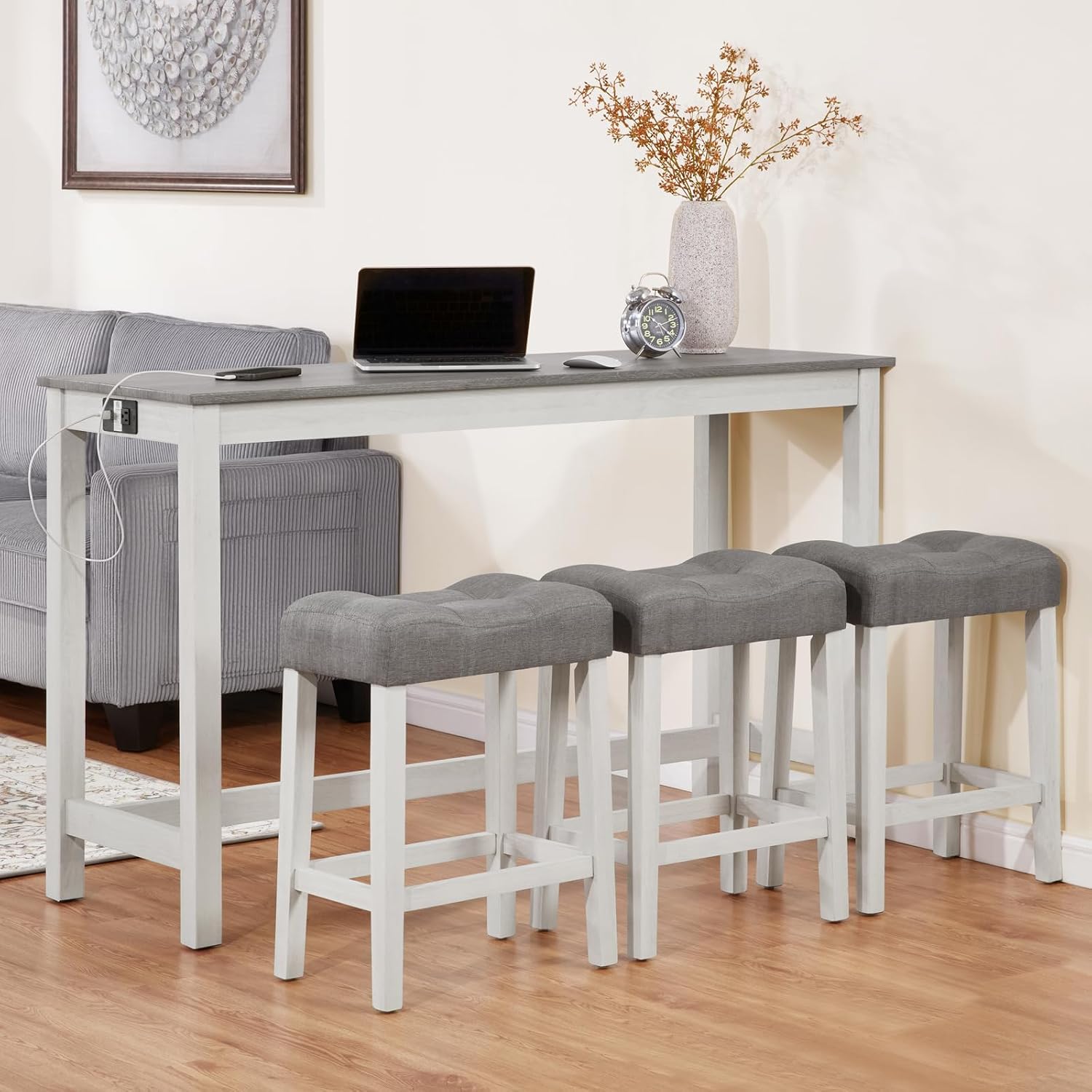 Merax 59 inch Bar Table Set with Power Outlet USB/Type-C, Behind Couch Table with 3 Padded Stools for Kitchen, Living Room, White & Grey