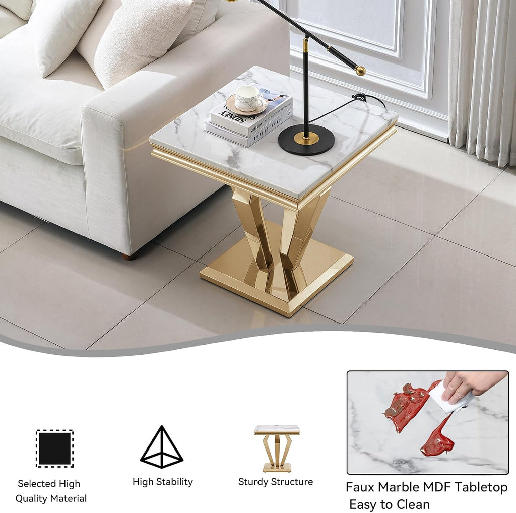 3 Pieces Living Room Table Set, Faux Marble Coffee Table Set of 3, Modern Coffee Table, Console Table and End Table with Diamond-Shaped Stainless Steel Base for Living Room (White Gold)