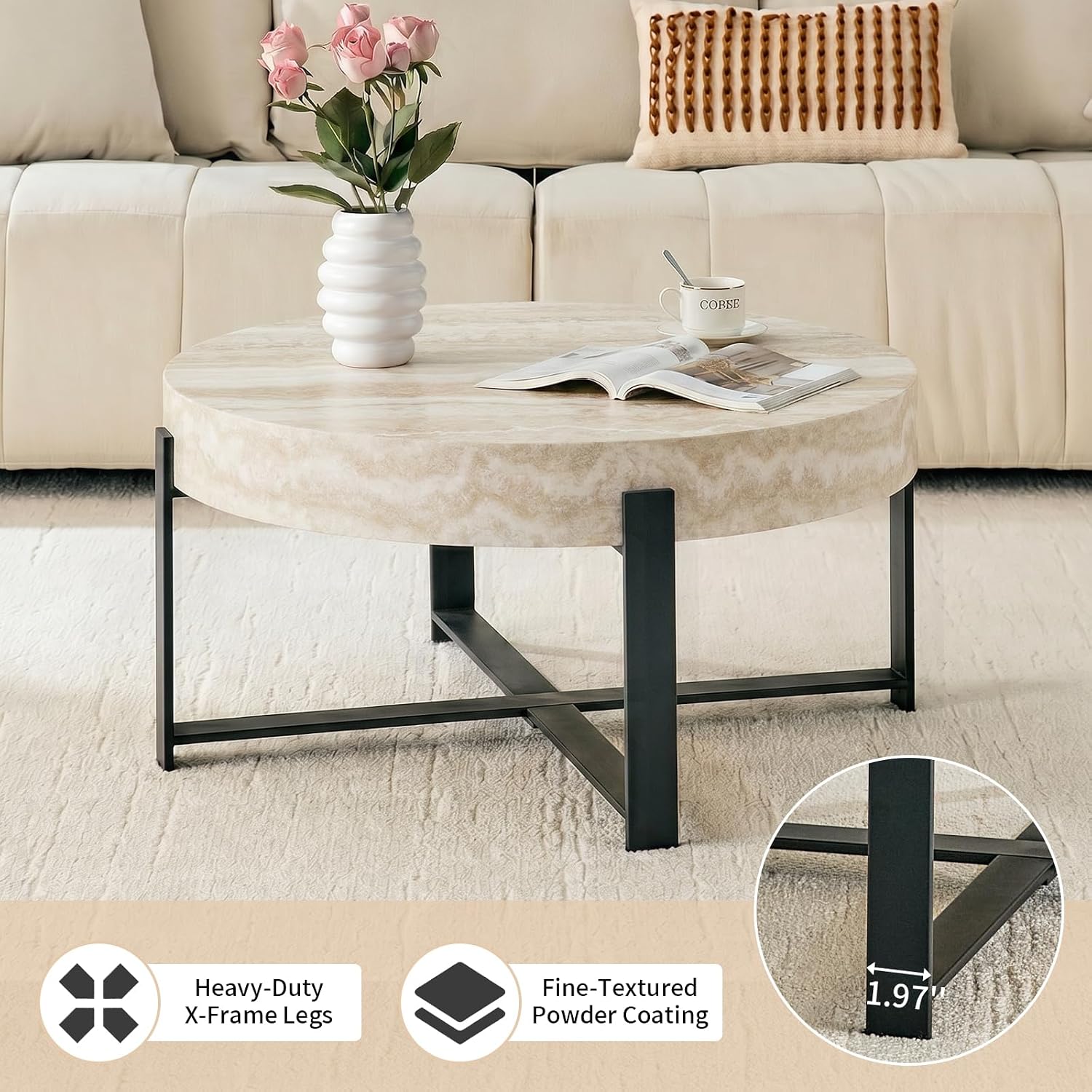 Round Coffee Table, Small Wood Coffee Table with Storage, Modern Wood Circle Table with Metal Frame, Round Accent Center Tables for Living Room Apartment Small Space