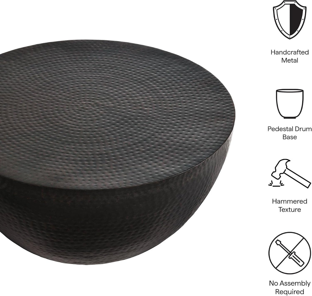 Modway Mella Metal Hammered 32 Inch Coffee Table in Black – Modern Living Room Drum Center Coffee Table