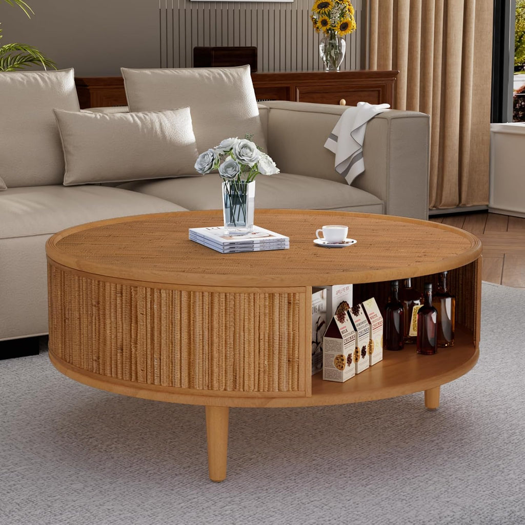 30.5in Rustic Round Coffee Table with Storage, Circular Farmhouse Bamboo Center Tables with Anti-Skid Solid Wood Legs, for Living Room (Bamboo Woven 30.5in)