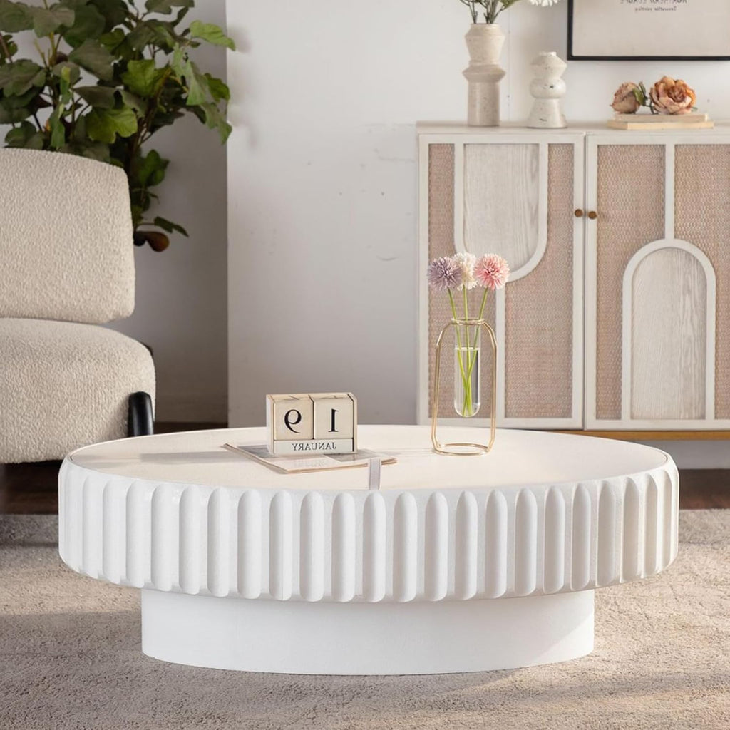 WILLIAMSPACE 43.31' Olive Coffee Table with Storage for Living Room, Modern Oval Fluted Center Table with Lift-Off Lid, Drum Pedestal Tea Table for Apartment, Easy Assembly, White
