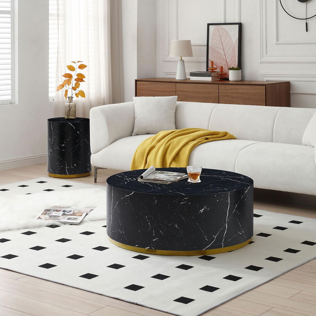 JUSTONE Faux Marble Coffee Table Set of 3,Modern White Coffee Table with Gold Rim Bottom,Perfect for Living Room Apartment, Black& Gold