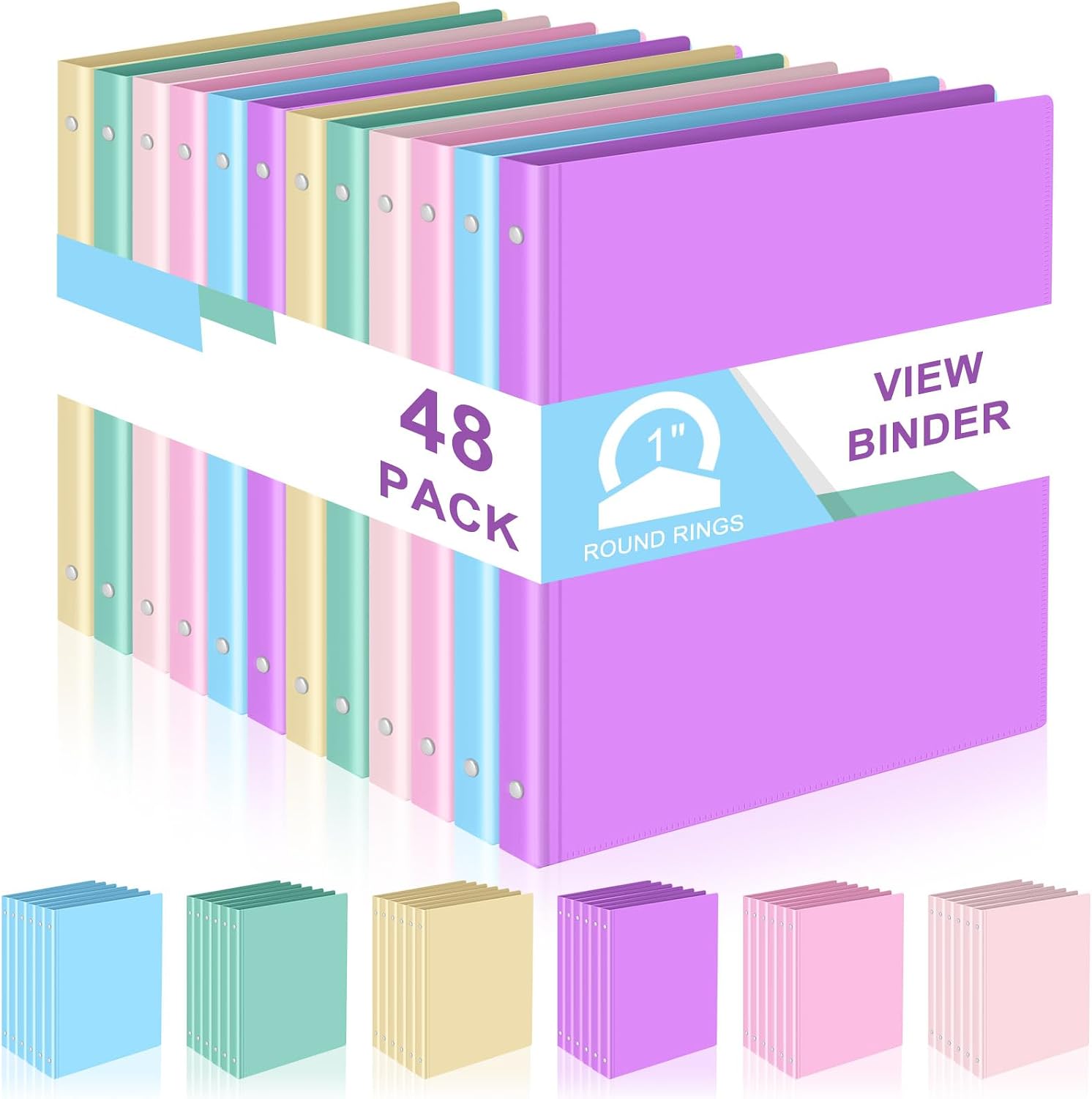 Fulmoon 48 Pack 3 Ring Plastic Binders 1 Inch Bulk with 2 Pockets, Flexible Binder Loose Leaf Hardcover, Fit 12' x 10' US Letter Size Paper, for School Office Home, 6 Colors(Macaron)