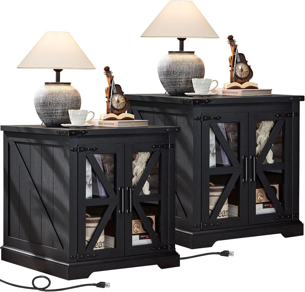 Joaxswe 24' End Table Set of 2 with Charging Station, Farmhouse Night Stand with Glass Barn Door, Nightstands with Adjustable Storage Shelf, Large Wood Square Bed Side Table for Living Room,Bedroom