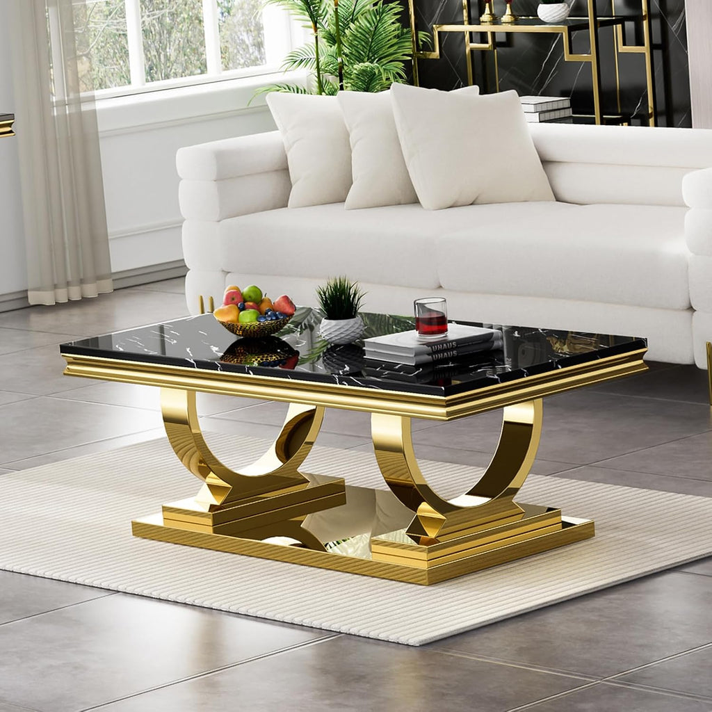 Henf 3 Piece Living Room Table Set, Faux Marble Coffee Table & 2 End Tables, Luxury Black Gold Coffee Table and End Table Set of 3 with Mirrored Stainless Steel Base for Living Room Apartment
