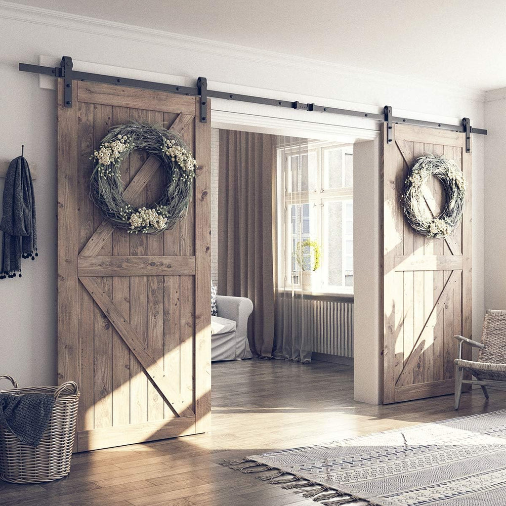 SMARTSTANDARD 13 FT Double Barn Door Hardware Kit, Sliding Door Track-Smoothly and Quietly -Includes Detailed Installation Fit 36'-40' Wide Door Panel(J Shape Hanger) Black