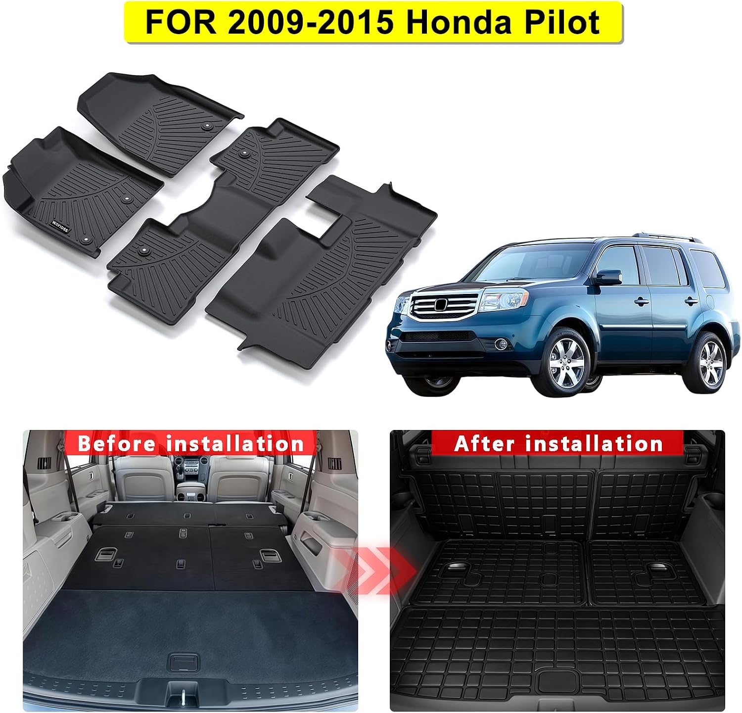 Floor Mats for Honda Pilot 2009 2010 2011 2012 2013 2014 2015 Accessories 9PCS, Cargo Mat Custom TPE All Weather Protection Full Coverage 2nd & 3rd Row Floor Liner &Trunk Liner car Accessories