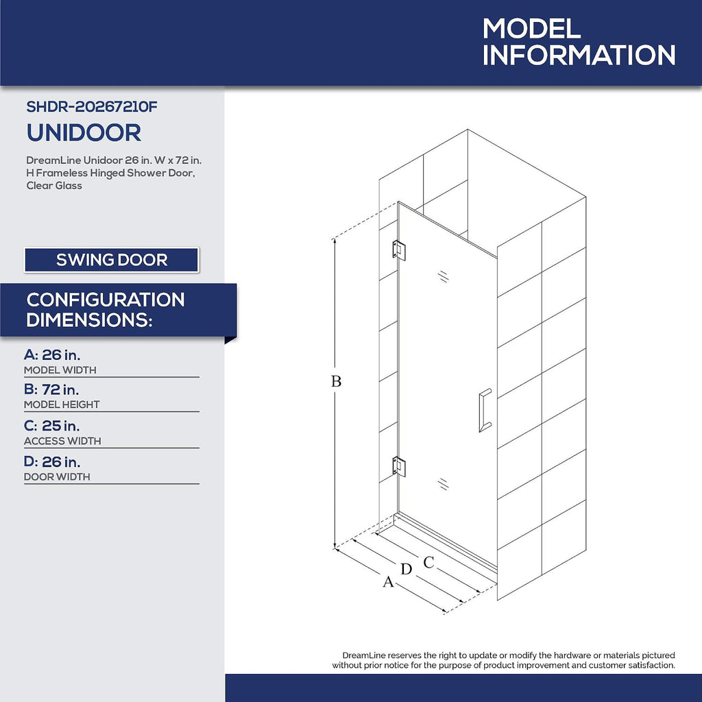 DreamLine Unidoor 26 in. W x 72 in. H Frameless Hinged Shower Door in Satin Black, SHDR-20267210F-09