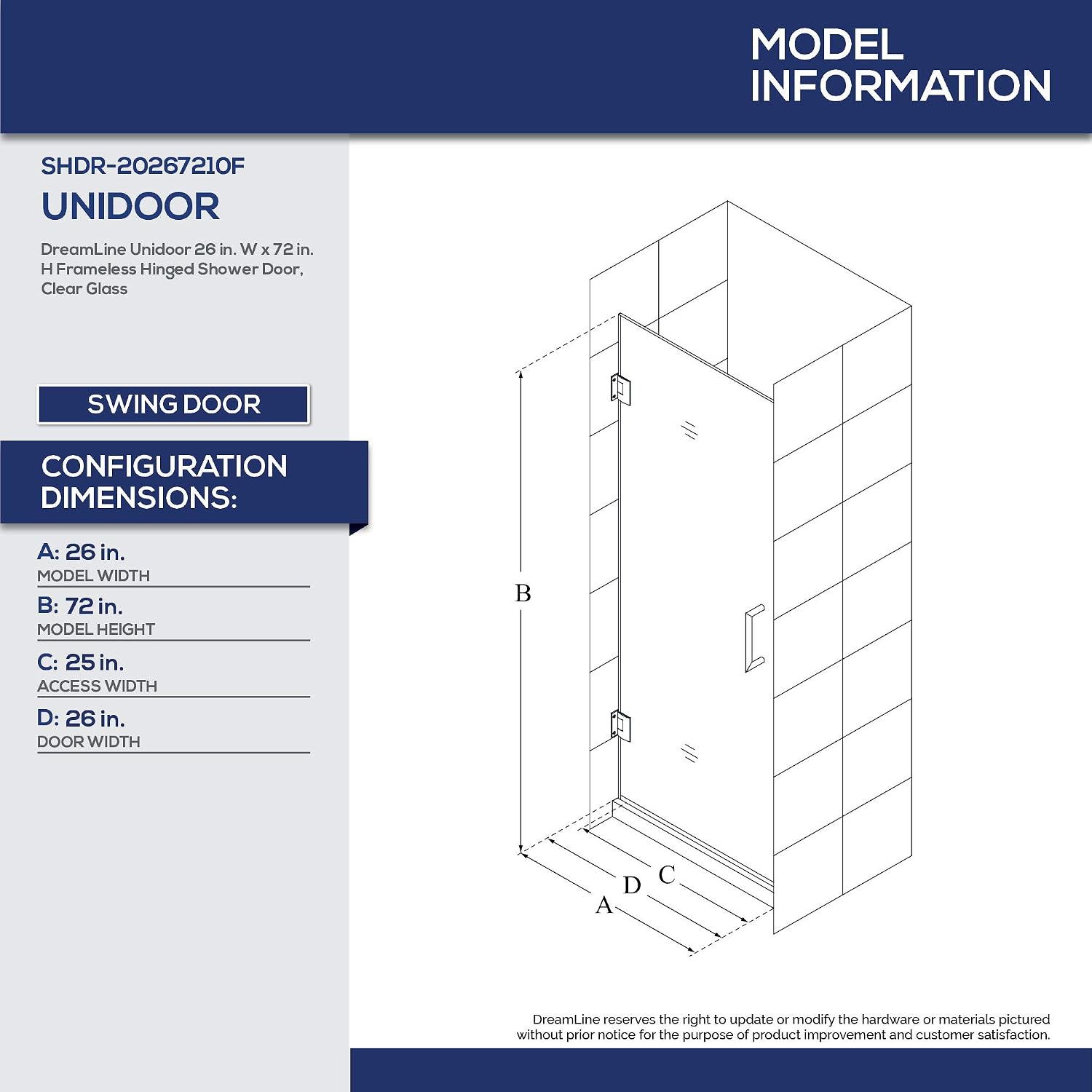 DreamLine Unidoor 26 in. W x 72 in. H Frameless Hinged Shower Door in Satin Black, SHDR-20267210F-09