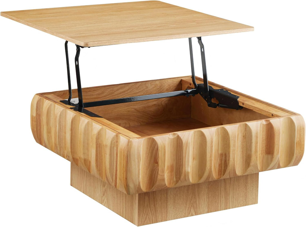 31.1'' Lift Top Coffee Table with Hidden Storage Space, Modern Drum Handcraft Wood Fluted Square Coffee Table for Living Room, Easy Assembly, Natural