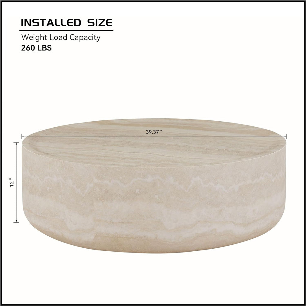 Faux Rock Coffee Table with Round Design,Faux Marble Drum Coffee Table Fiberglass Circle Table Tea Table for Living Room Accent Central Table No Need Assembly