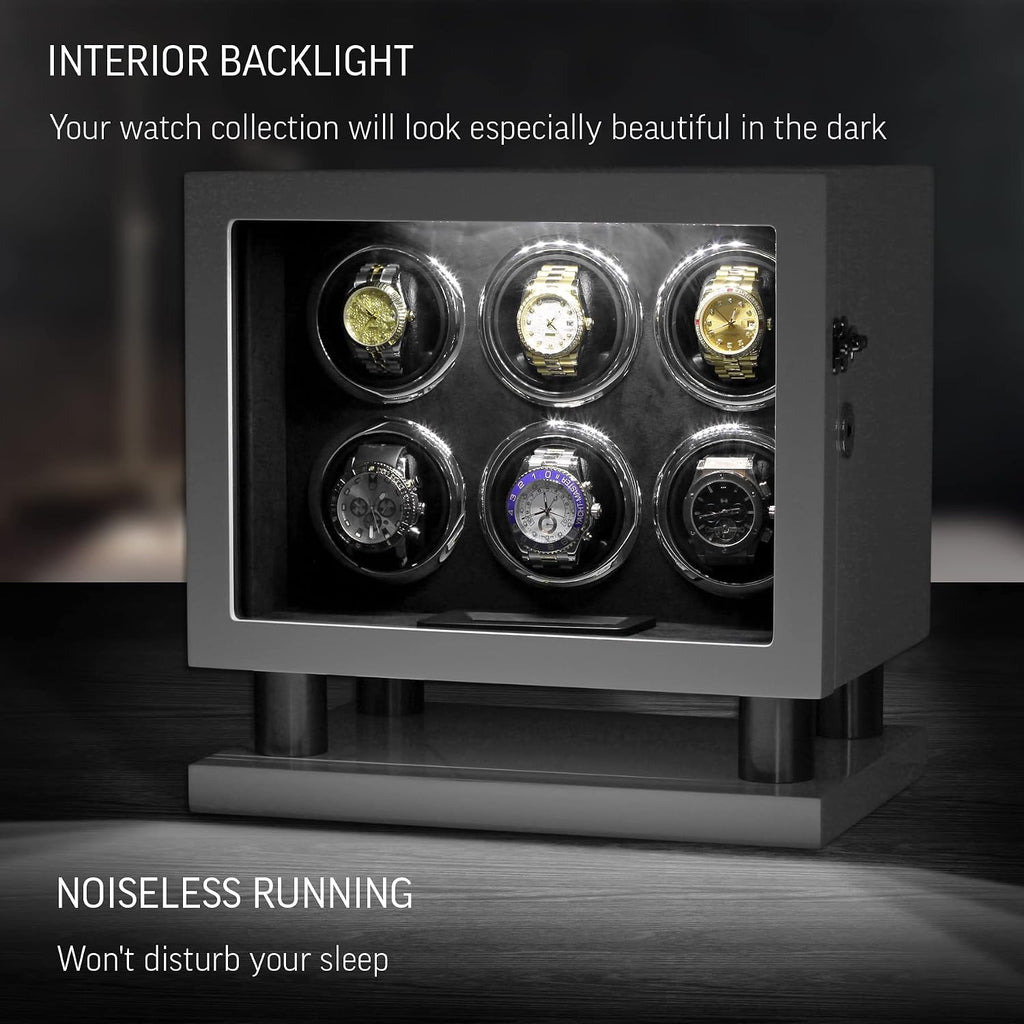 Watch Winder for 6 Watches with LED Light, LCD Display and Motor-Stop Option
