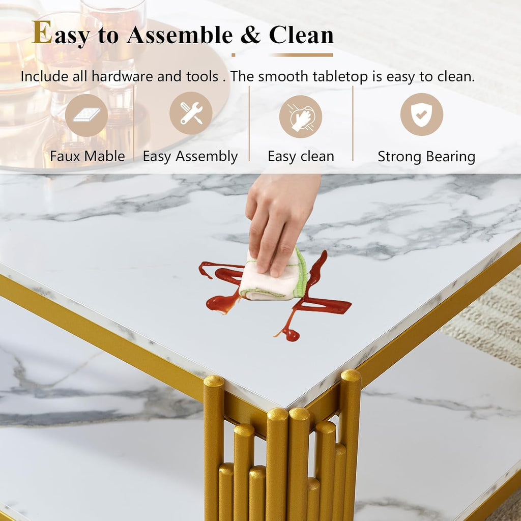 Elegant Faux Marble Coffee Table Set of 2 Modern White Faux Marble Coffee Table Console Table Set w/Gold Metal Frame 2 Piece Living Room Table Set with 1 Rectangle Coffee Table & Sofa Table